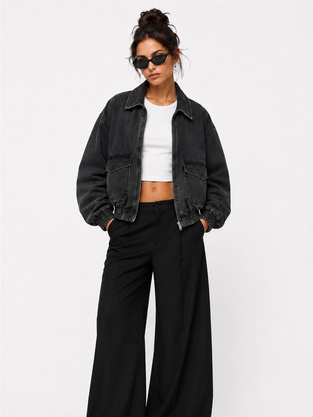 ZARA Oversized Washed Black Denim Bomber Jacket Large L Utility Y2K